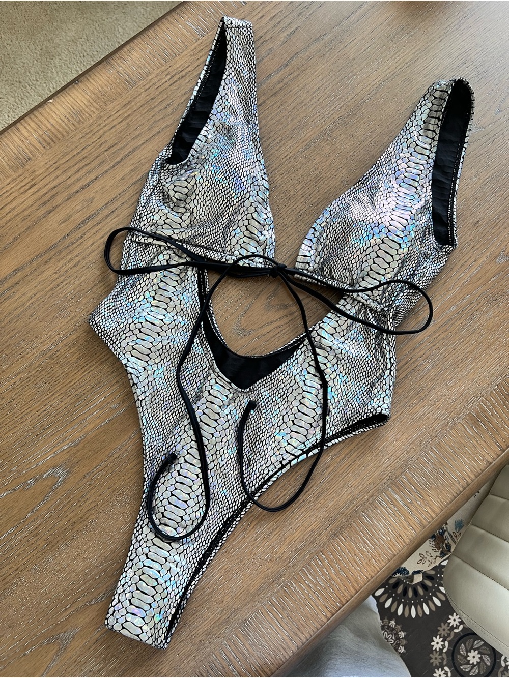 Holographic Monokini Snake Print One Piece Swimsuit Black Trim Size Large - Picture 1 of 10
